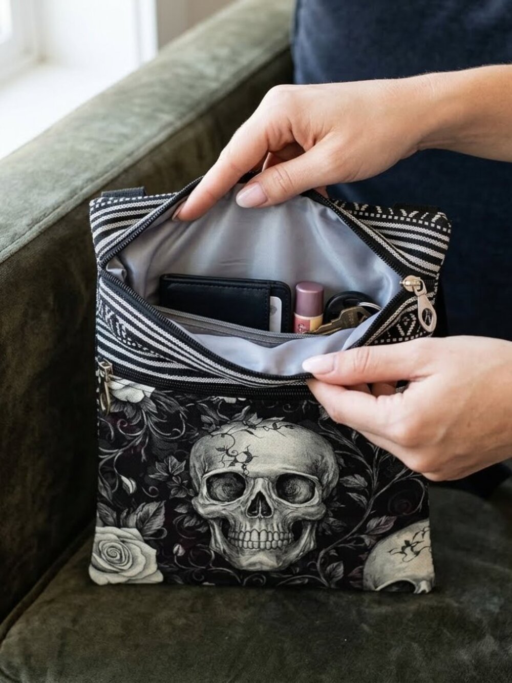 Gothic Skull Crossbody Bag Black White Rose Boho Messenger Purse Festival Goth - Picture 3 of 4